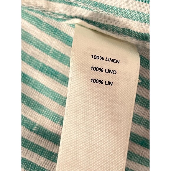 Chico's 100% Linen Shirt Blouse Women's Sz 2 Knot Tie Button Green White Stripe - Picture 8 of 9